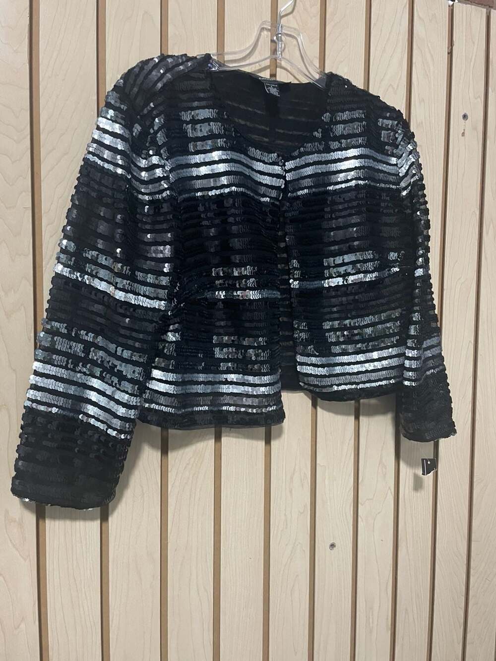 R&M Richards Black and Silver Sequin Striped Bolero Jacket Size L
